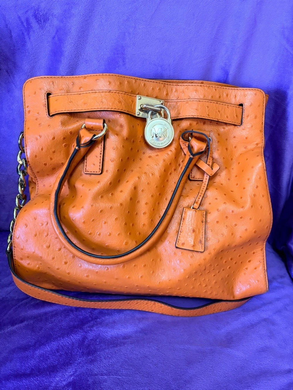 MICHAEL KORS Orange Ostrich Hamilton Leather Satchel Tote Shoulder Bag